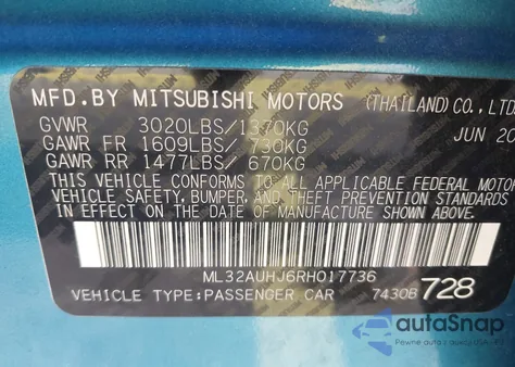 2024 Mitsubishi Mirage Es/Le z USA, uszkodzony, nr VIN ML32AUHJ6RH017736